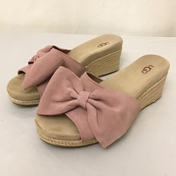 UGG 8.5 Jaycee Suede Rose Pink Bow Women’s Espadrille Wedge Sandals Shoes - Picture 3 of 12